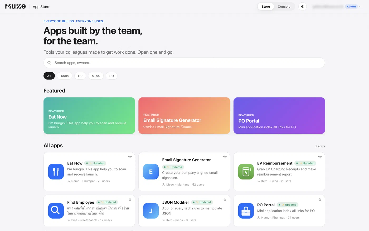 Muze Internal App Store with featured tools and apps built by the team