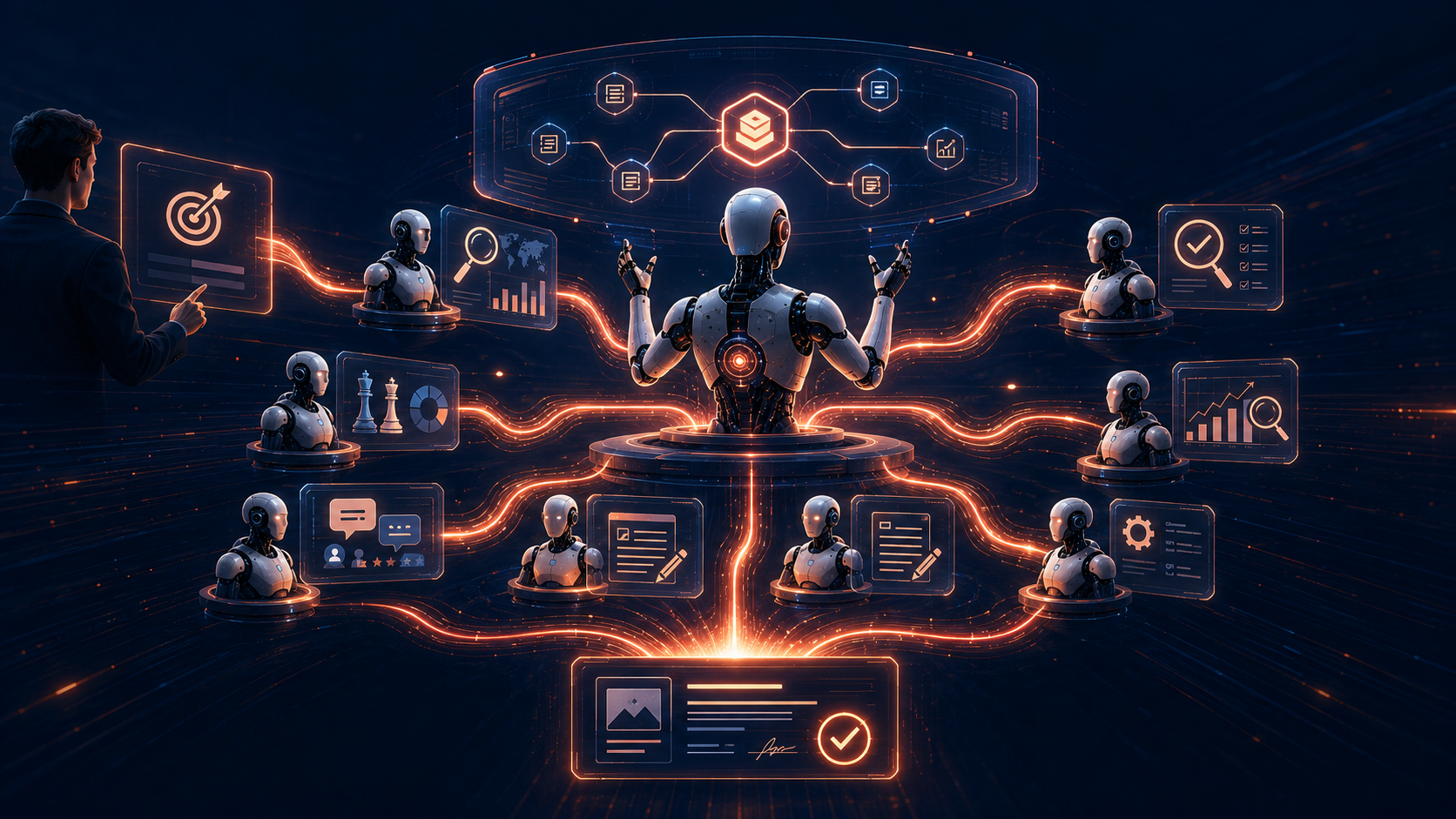 มนุษย์กำหนด Goal — Fable 5 เป็น Orchestrator จัดการ Agent หลายตัวทำงานพร้อมกัน