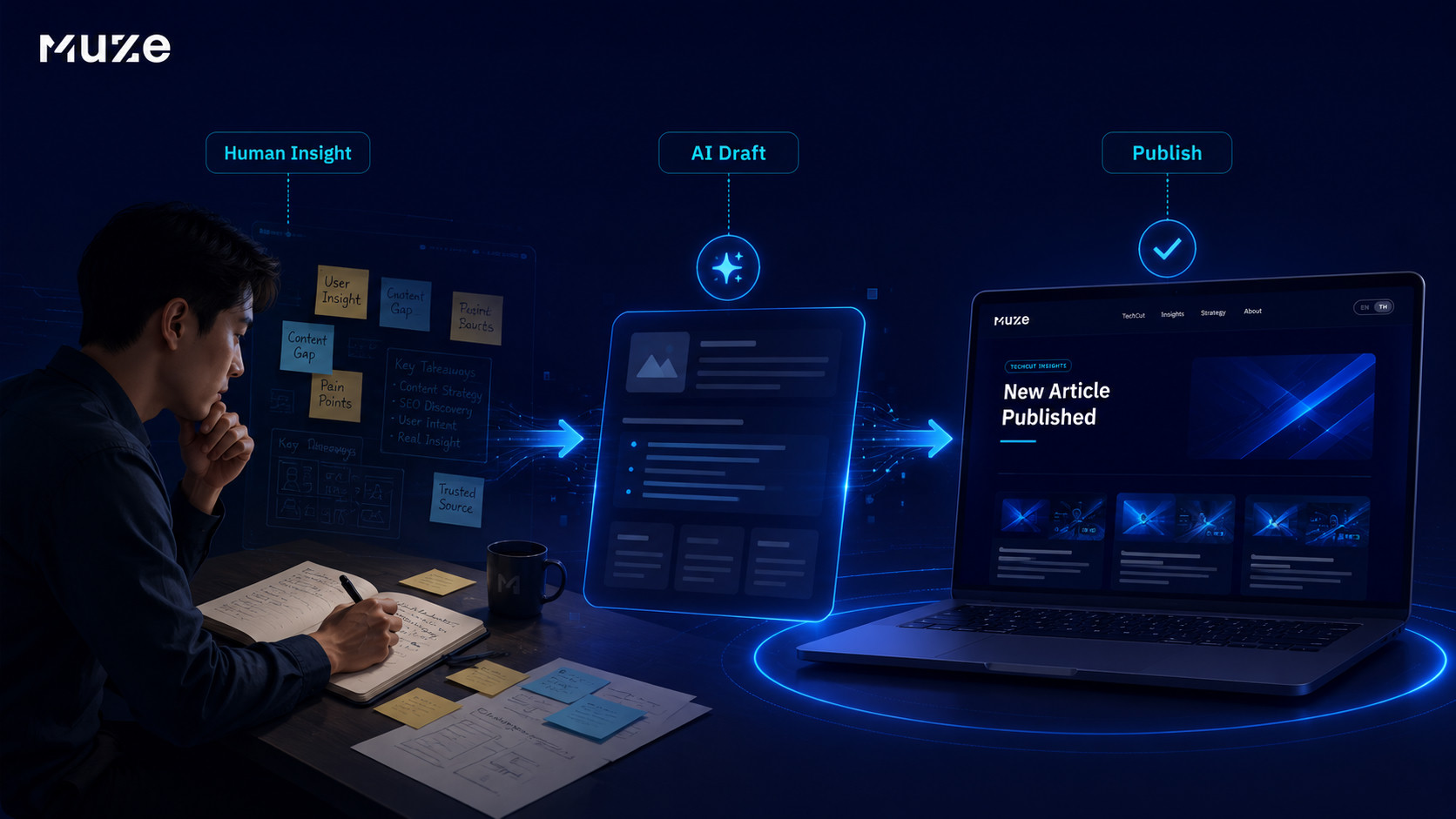 Human Insight → AI Draft → Publish — จากการวางแผนของมนุษย์สู่บทความที่พร้อม publish บน Muze Website